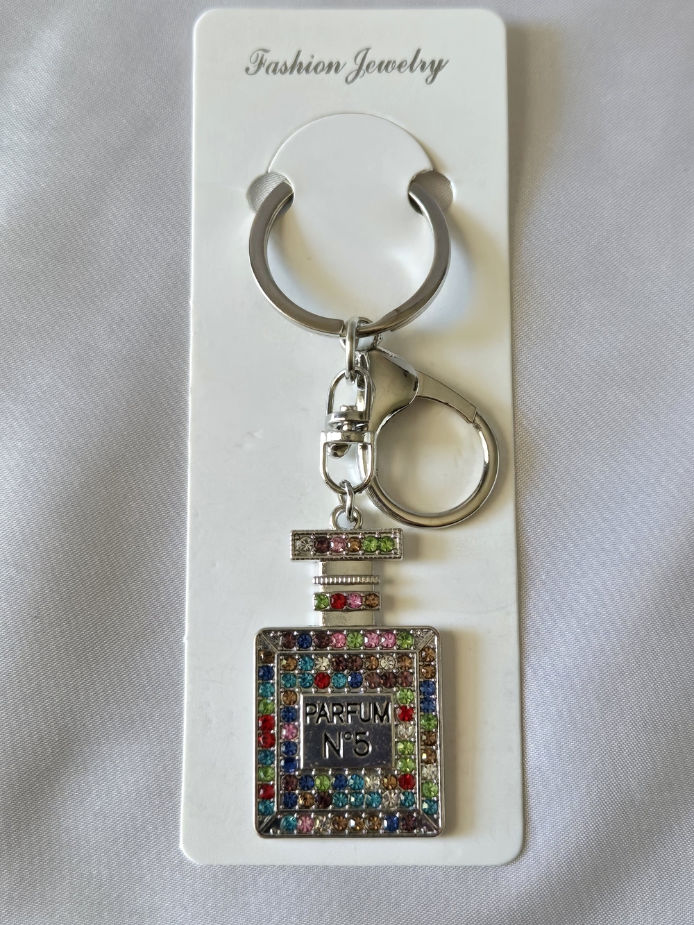 Fashion Jewelry Silver-Tone Multicolor Rhinestone Perfume Bottle Keychain